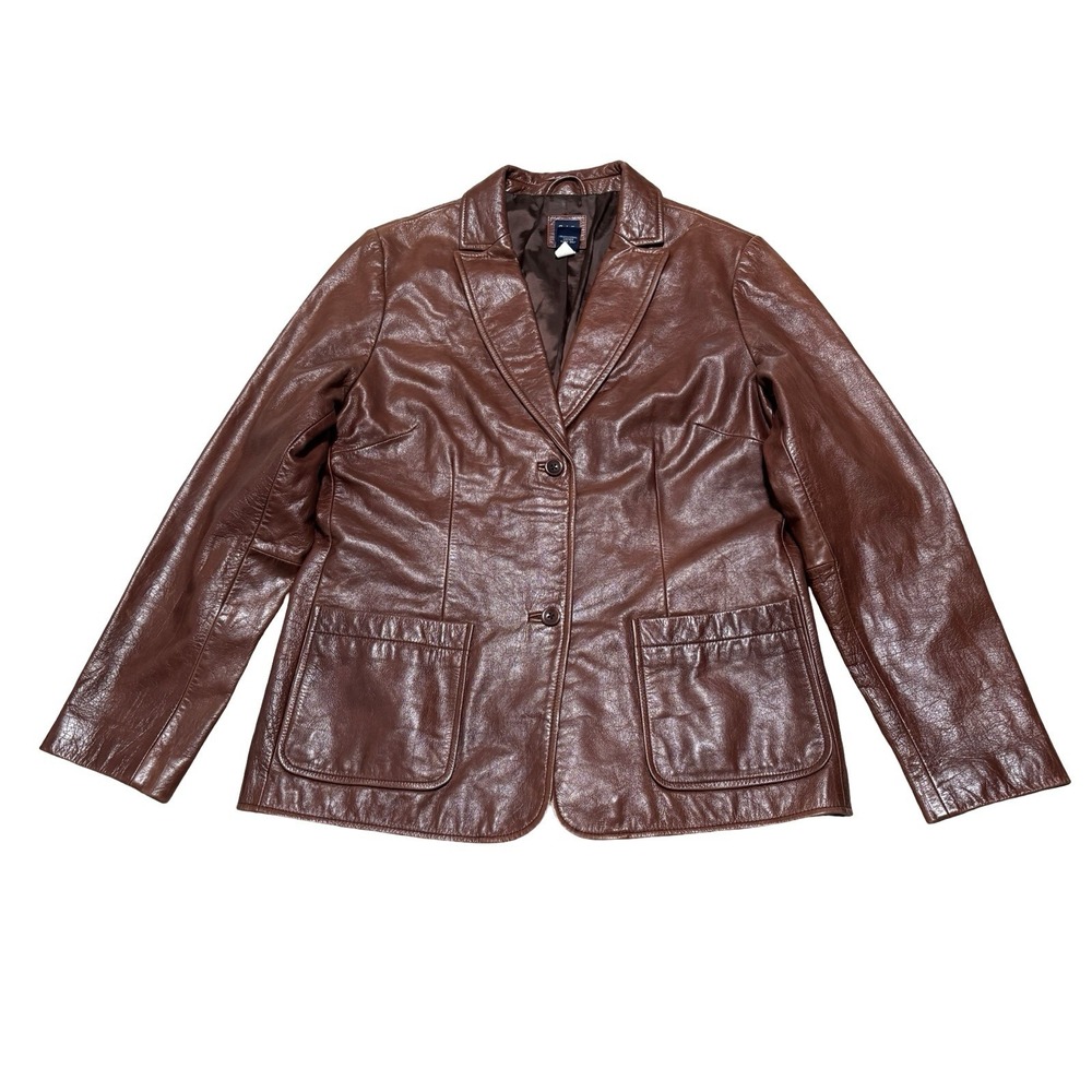 Vintage Y2K GAP Women's Brown Leather Blazer Jacket Size Large 21 x 27